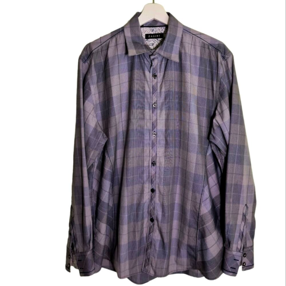 Zagiri Button Up Flip Cuff Shirt Men's Size L Blue Gray Plaid Long Sleeve Casual